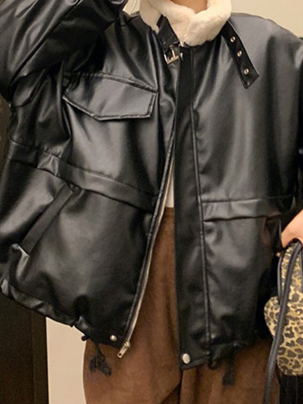 EMMIOL Lederjacke mit flauschigem Kragen und Klappendetail