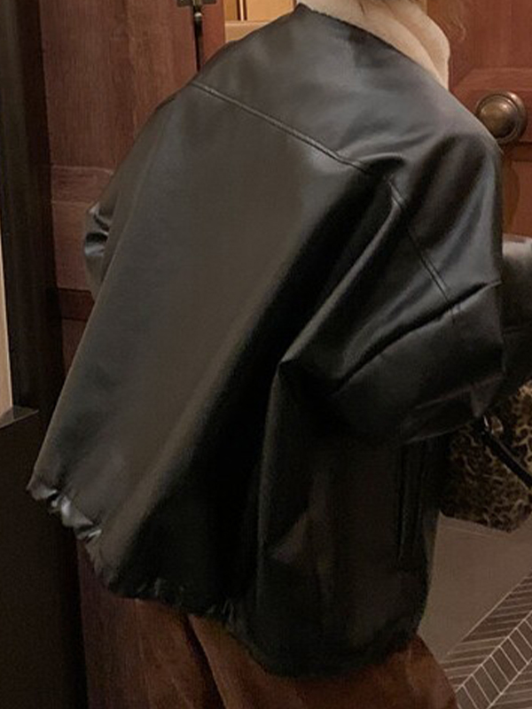 EMMIOL Lederjacke mit flauschigem Kragen und Klappendetail