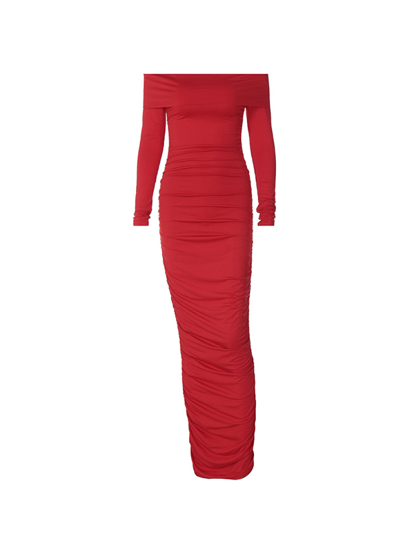 EMMIOL Solides, schulterfreies, gerafftes Maxikleid