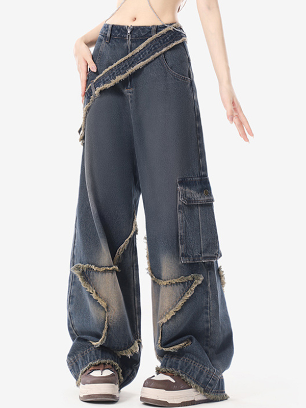 EMMIOL Jeans Boyfriend con tasche grandi e taglio vivo a forma di stella