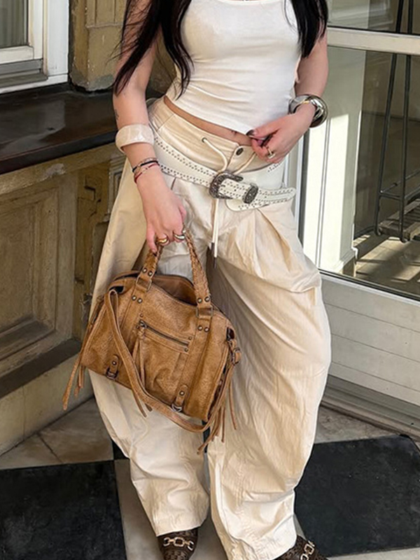 EMMIOL Lässige, locker sitzende Hose mit weitem Bein und gewebtem Kordelzug im amerikanischen Streetstyle