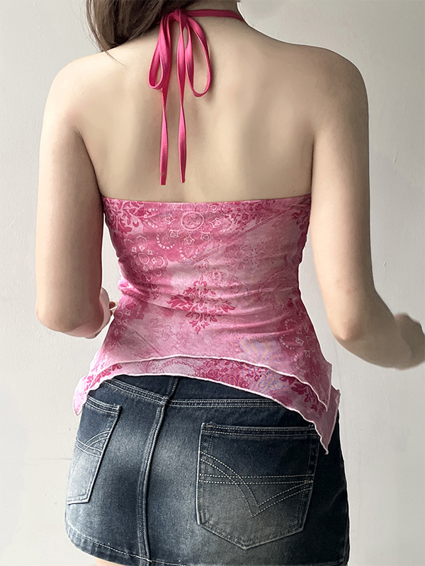EMMIOL Blumendruck Retro Perlen Unregelmäßig Hot Girl Neckholder Träger Weste