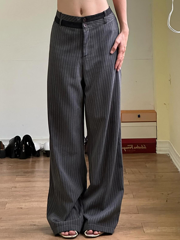 EMMIOL Gestreifte, kontrastfarbene, drapierte Anzughose mit stylischem Bund und lässiger langer Hose