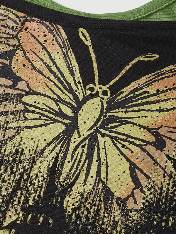 EMMIOL Retro And Unique Design Faux Two-Piece Butterfly Print Short-Sleeved Shirt