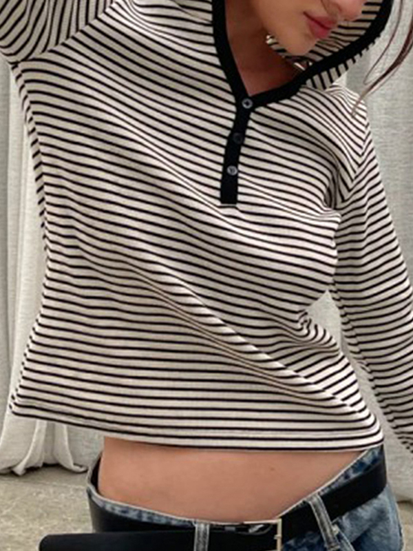 EMMIOL Maglia a maniche lunghe con cappuccio e righe, vestibilità ampia