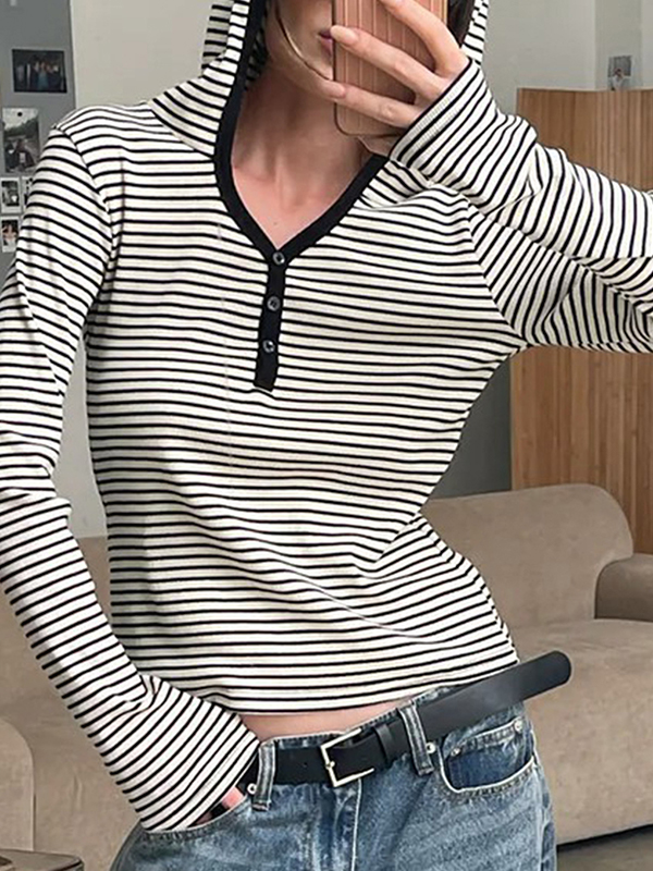 EMMIOL Maglia a maniche lunghe con cappuccio e righe, vestibilità ampia