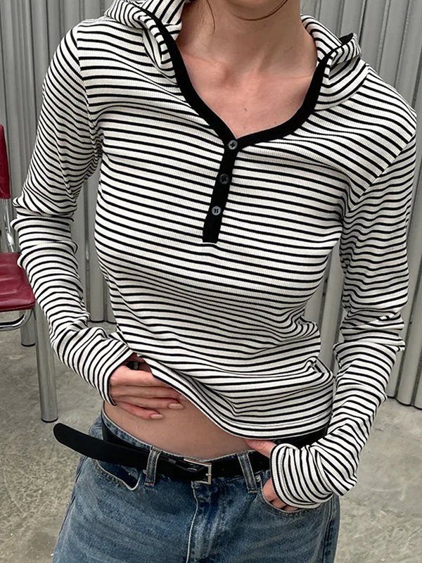 EMMIOL Maglia a maniche lunghe con cappuccio e righe, vestibilità ampia