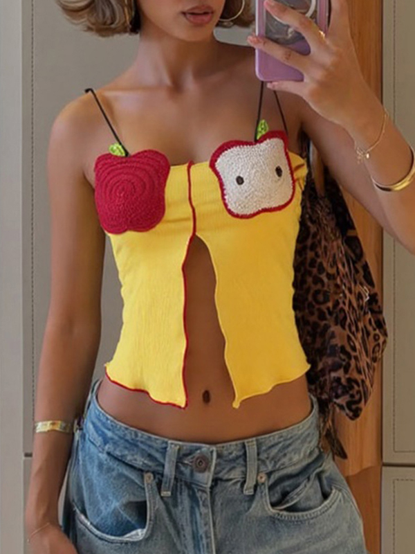 EMMIOL Apple Knitted Cropped Embroidered Tank Top