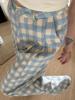 EMMIOL Blau karierter Anzug im Yamamoto-Stil mit weit geschnittener Hose