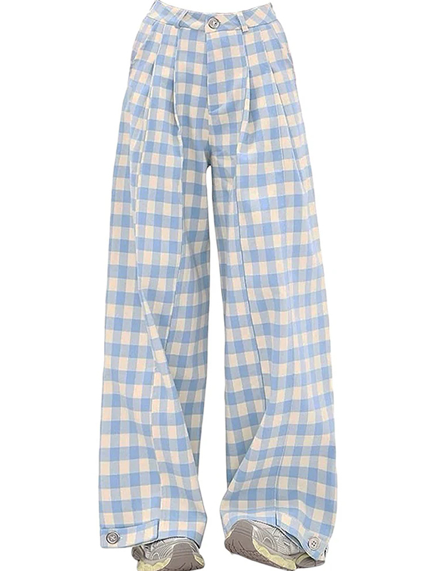 EMMIOL Blau karierter Anzug im Yamamoto-Stil mit weit geschnittener Hose