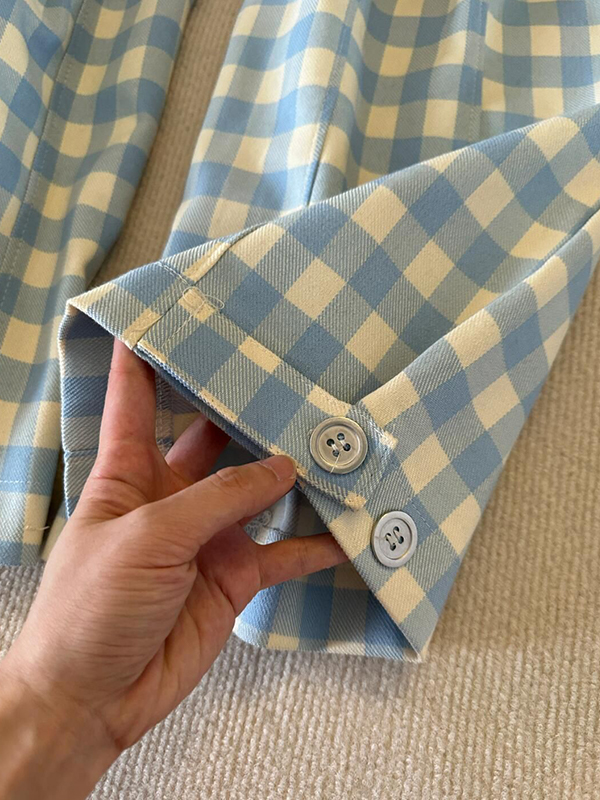 EMMIOL Blau karierter Anzug im Yamamoto-Stil mit weit geschnittener Hose