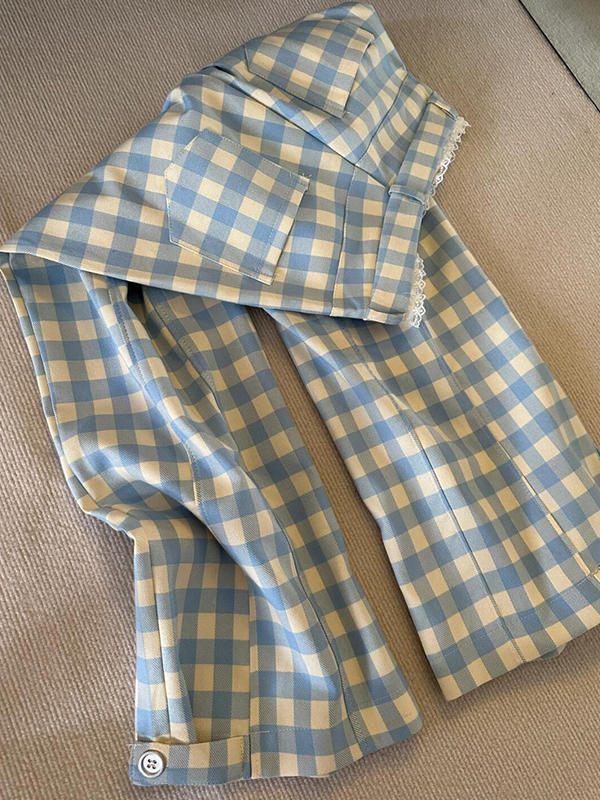 EMMIOL Blau karierter Anzug im Yamamoto-Stil mit weit geschnittener Hose