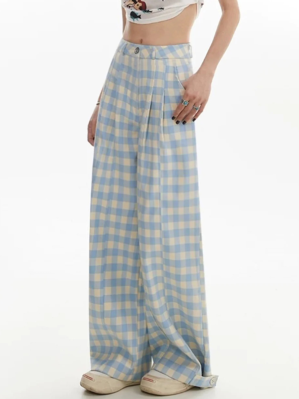 EMMIOL Blau karierter Anzug im Yamamoto-Stil mit weit geschnittener Hose
