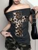 EMMIOL T-shirt ampia con spalle scoperte, strass e colori a contrasto, stampa leopardata