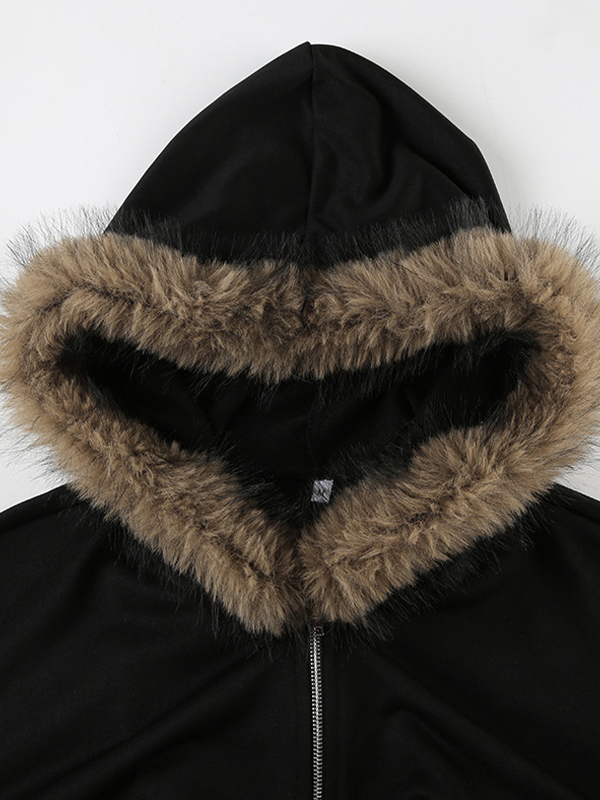 EMMIOL Giacca con cappuccio in stile street retrò con collo in pelliccia e dettagli patchwork