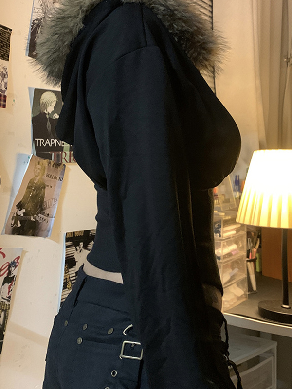 EMMIOL Giacca con cappuccio in stile street retrò con collo in pelliccia e dettagli patchwork