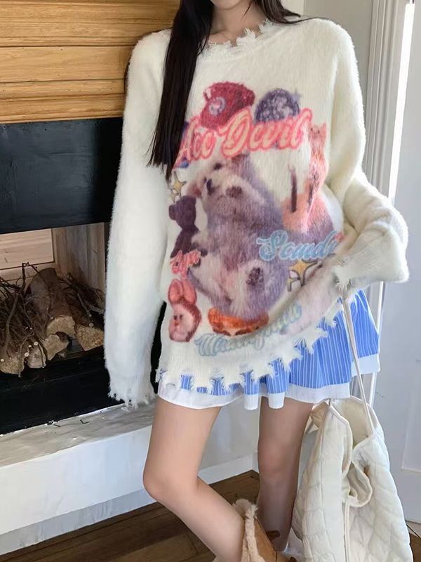 EMMIOL Maglione girocollo con stampa graffiti di gatti dolci