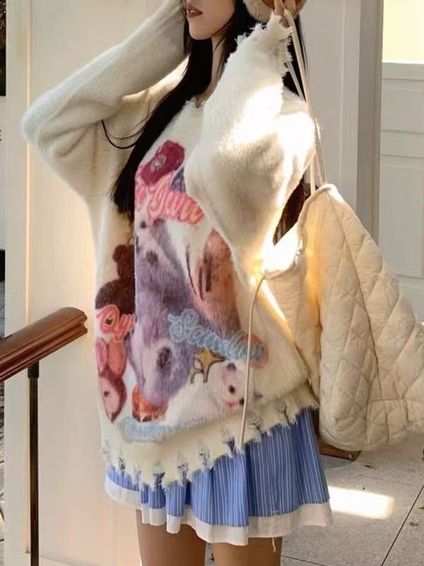 EMMIOL Maglione girocollo con stampa graffiti di gatti dolci