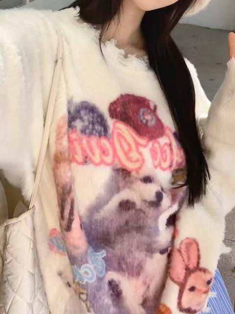 Pullover mit Rundhalsausschnitt und süßem Katzen-Graffiti-Print