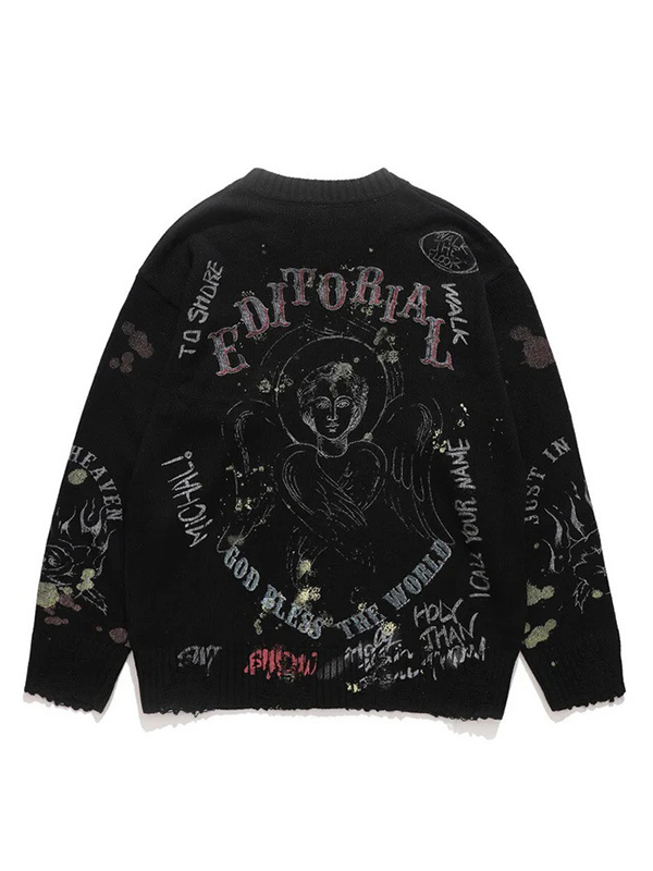 EMMIOL Blurred Figure Retro Print Pullover Knit Sweater