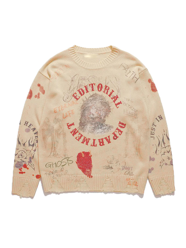 EMMIOL Blurred Figure Retro Print Pullover Knit Sweater
