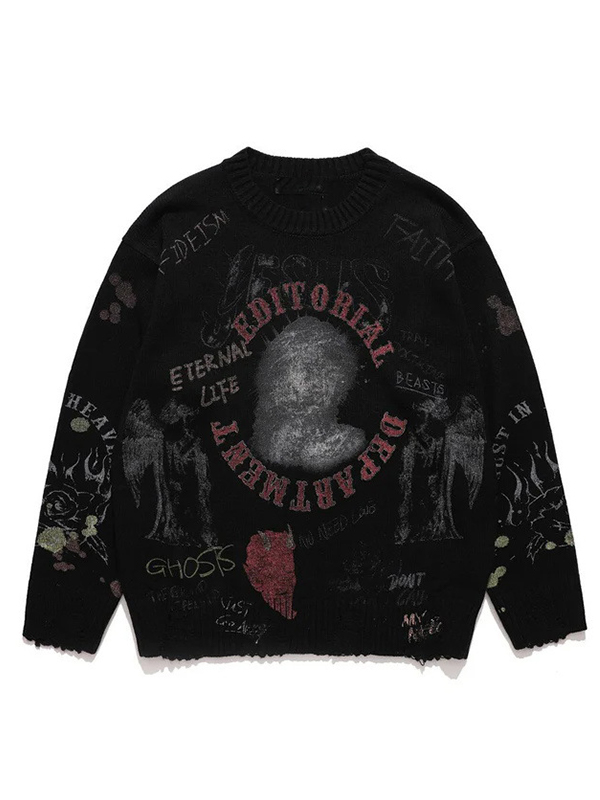 EMMIOL Blurred Figure Retro Print Pullover Knit Sweater