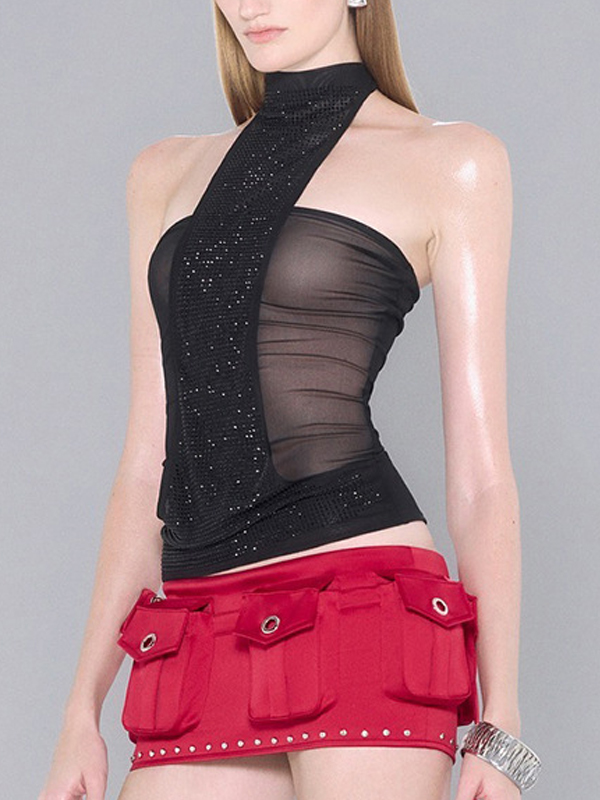EMMIOL Top con canotta e strass Hot Girl con sciarpa di paillettes