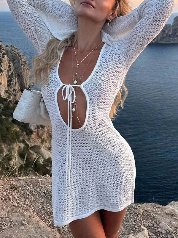 EMMIOL Sexy durchbrochenes Strand-Minikleid mit V-Ausschnitt