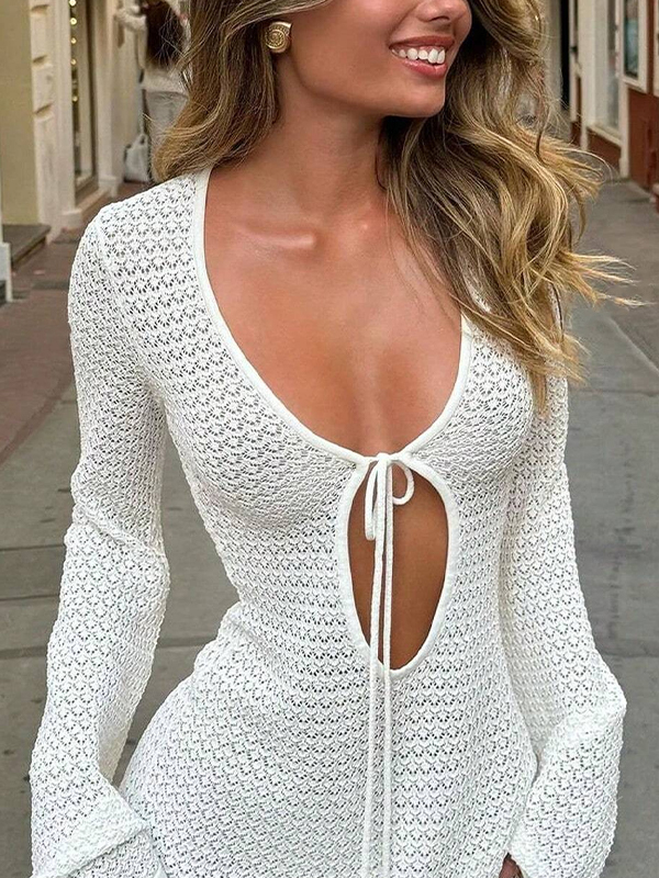 EMMIOL Sexy durchbrochenes Strand-Minikleid mit V-Ausschnitt