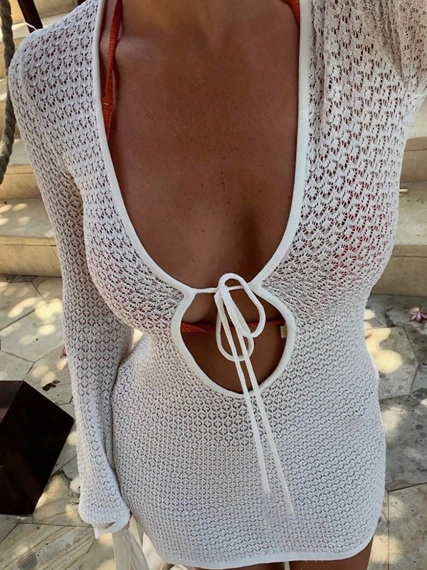 EMMIOL Sexy durchbrochenes Strand-Minikleid mit V-Ausschnitt