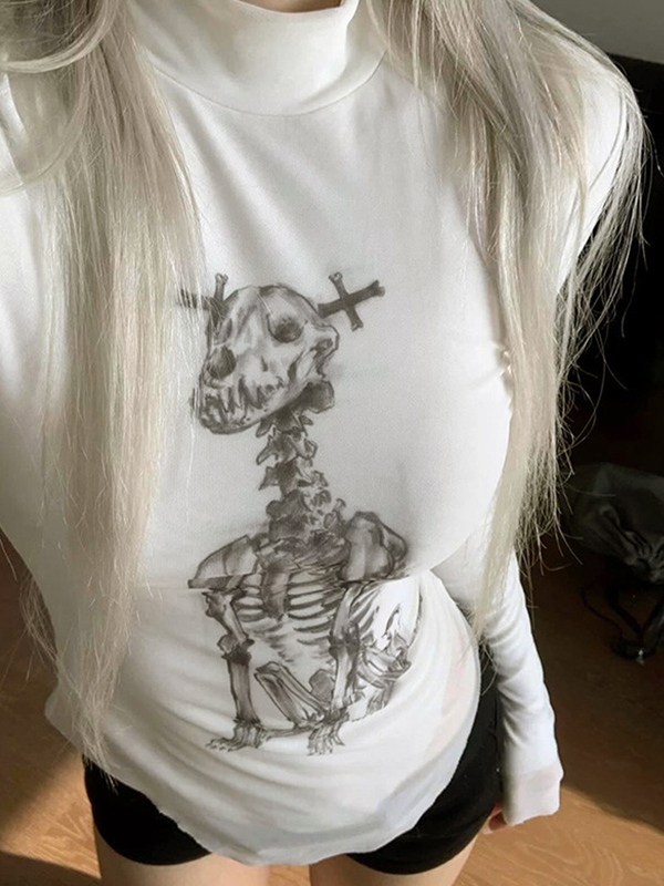 EMMIOL Langarmshirt mit Mesh-Einsätzen und Totenkopf-Print