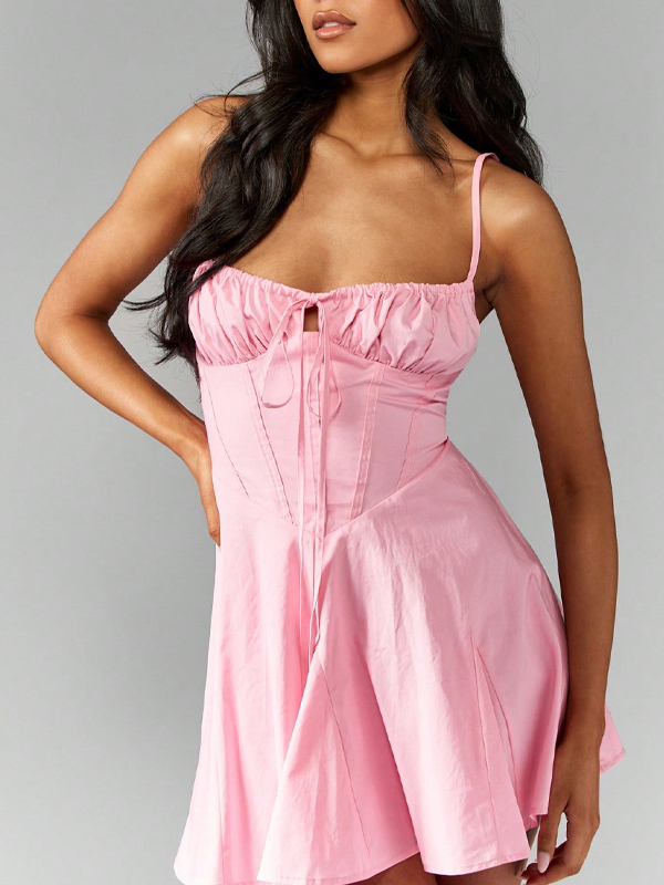 EMMIOL Sexy Sommerkleid mit Riemchendesign und Fischgrätenmuster, Minikleid
