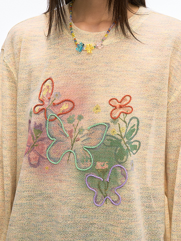 EMMIOL Maglietta oversize a maniche lunghe con protezione solare ricamata a farfalla colorata