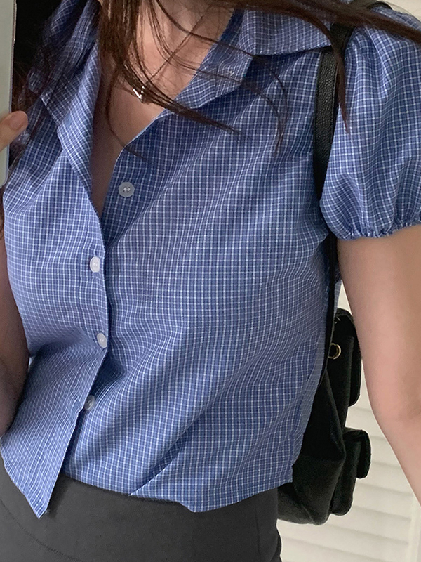 EMMIOL Camicia a quadri blu retrò a maniche corte