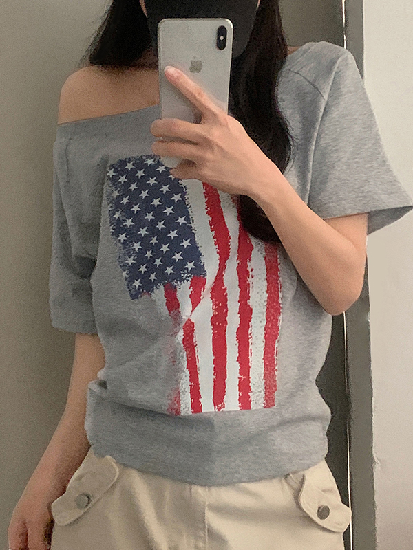 EMMIOL Manica corta con stampa bandiera americana