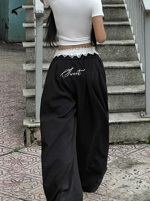 EMMIOL Lace Waistband Casual Wide Leg Pants