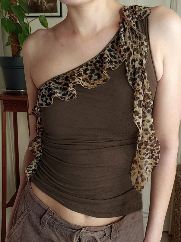 EMMIOL Gilet con stampa leopardata e canotta smerlata