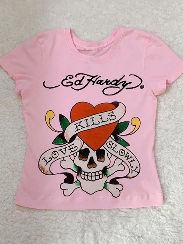 EMMIOL Skull And Rose Print Tees Short Sleeve