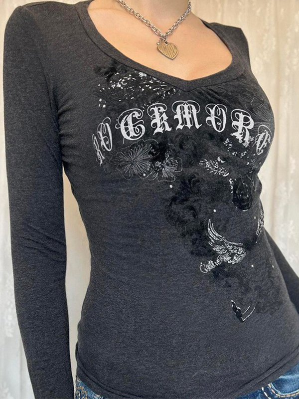 EMMIOL Retro Text Print Long Sleeve