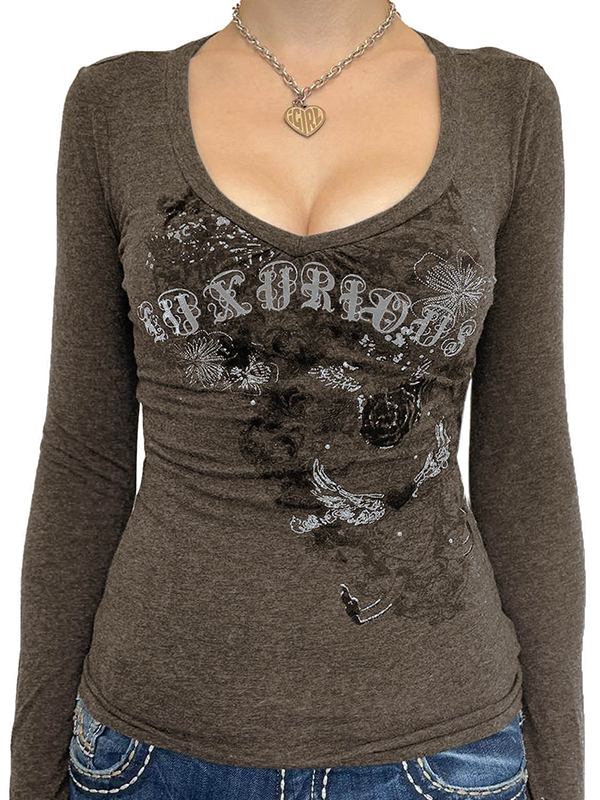 EMMIOL Retro Text Print Long Sleeve