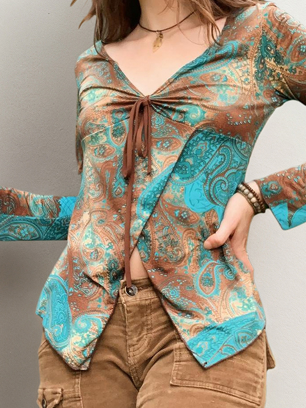 EMMIOL Camiseta de manga larga con estampado floral retro