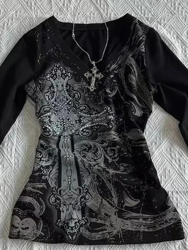 EMMIOL Camiseta de manga larga con estampado de cruces retro