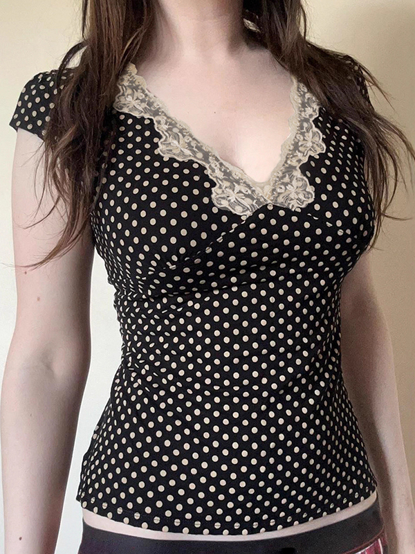 EMMIOL Top in pizzo a pois a manica corta
