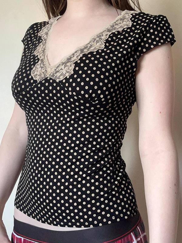 EMMIOL Top in pizzo a pois a manica corta