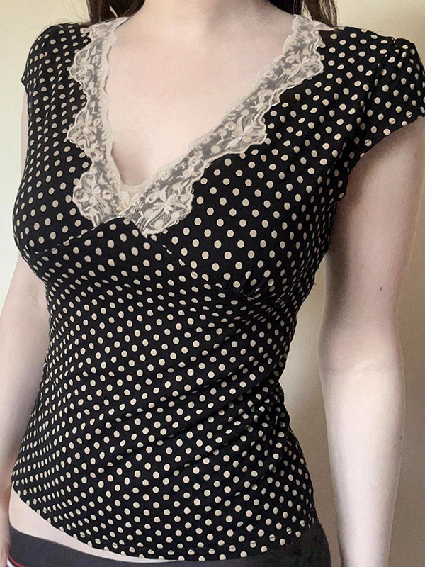 EMMIOL Top in pizzo a pois a manica corta