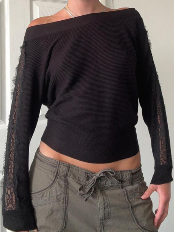 EMMIOL Lace-Trimmed Knit Top Long Sleeve