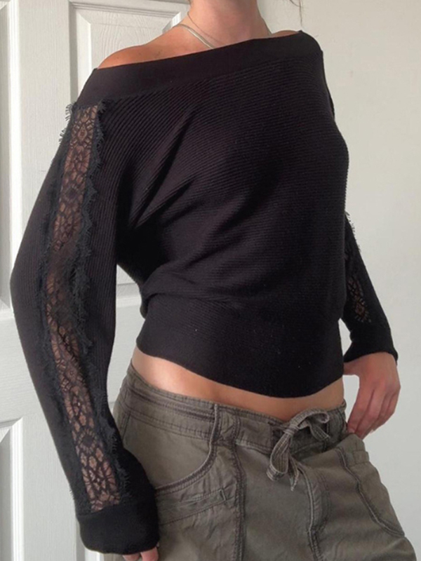EMMIOL Lace-Trimmed Knit Top Long Sleeve