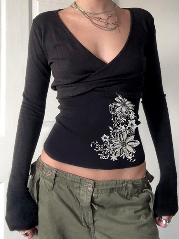 EMMIOL Pleated Print Top Long Sleeve