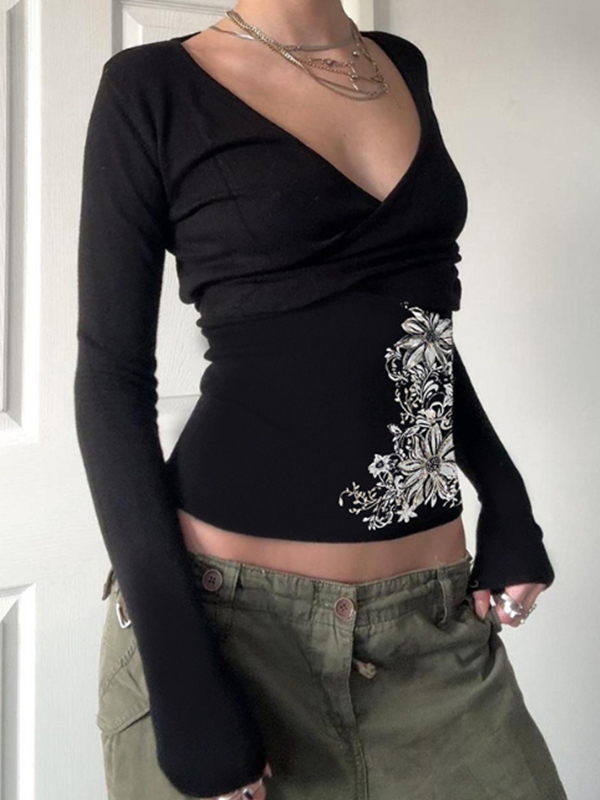 EMMIOL Pleated Print Top Long Sleeve