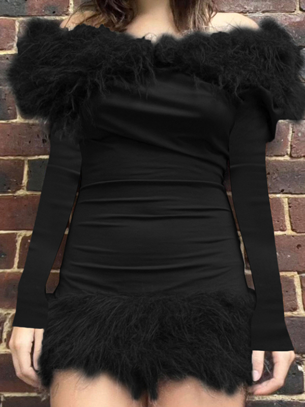 EMMIOL Fur-Trimmed Hooded Bodycon Mini Dress